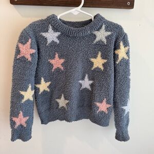 Lola + The Boys Blue Fuzzy Star Sweater with Pink and Yellow Stars